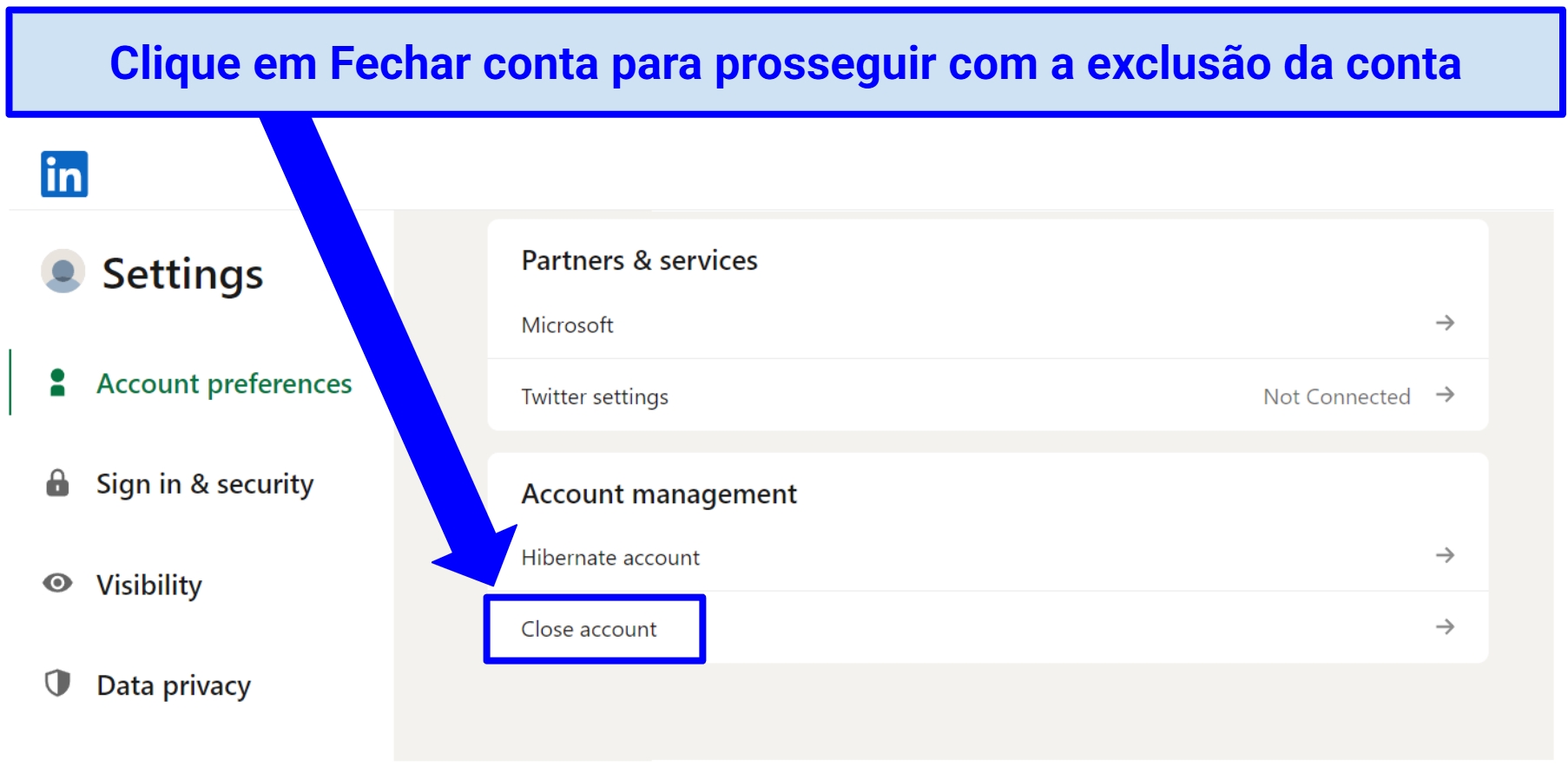 Screenshot of LinkedIn Settings with Close account option
