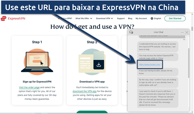 Screenshot of ExpressVPN's website with live chat support sharing the URL for China