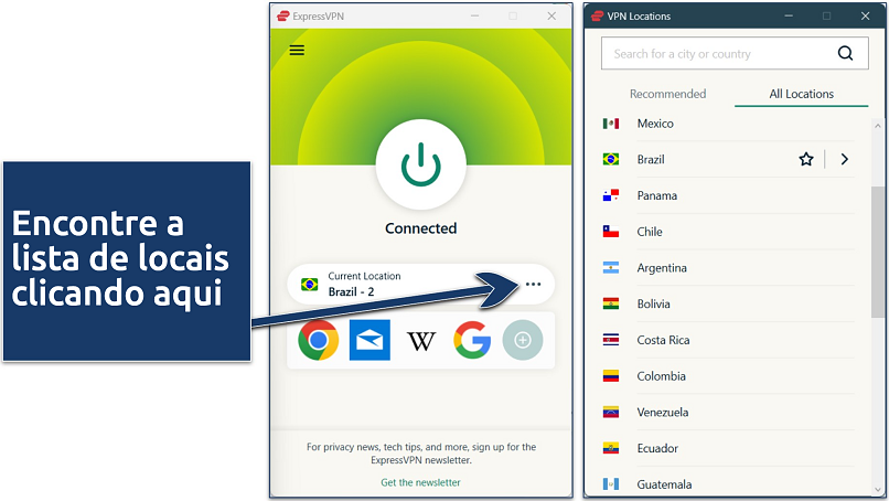 Screenshot of ExpressVPN's Windows app connected to a Brazil IP address