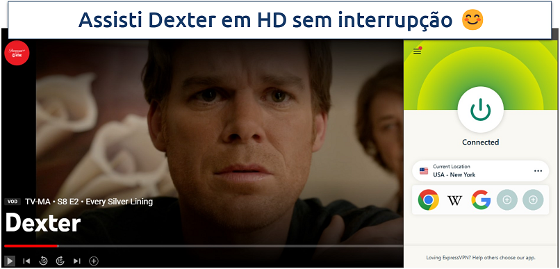 Screenshot da transmissão de um episódio de Dexter no YouTube TV, com a ExpressVPN conectada a um servidor de Nova York nos EUA