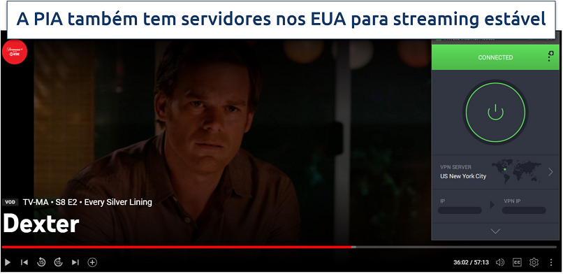 Screenshot da série Dexter no YouTube TV, com o PIA conectado a um servidor de Nova York, nos EUA