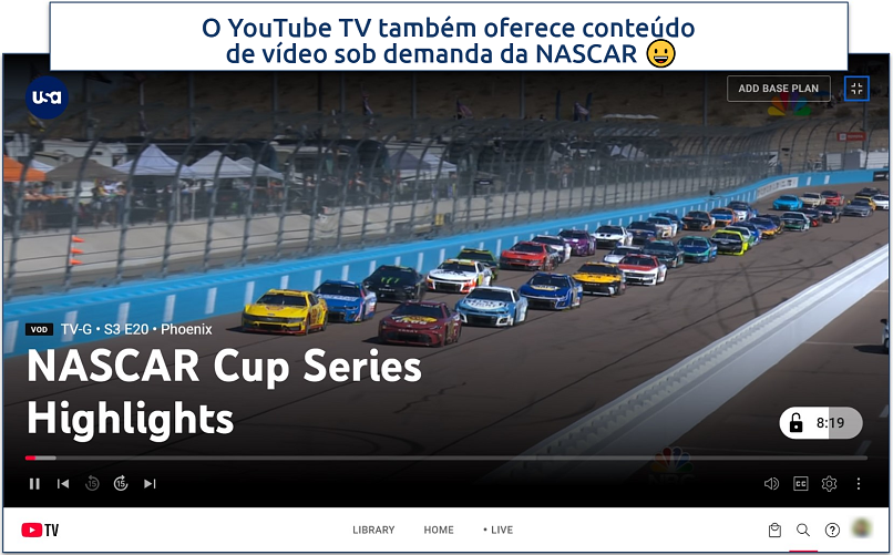 Screenshot of streaming NASCAR on YouTube TV