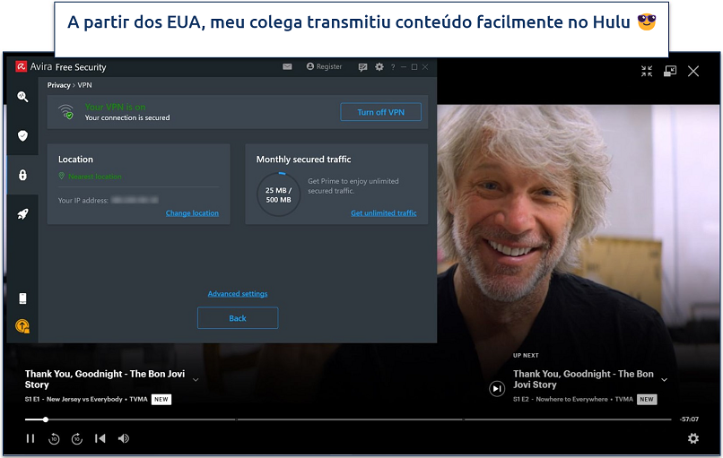 Screenshot showing a show playing on Hulu with Avira Phantom VPN connected