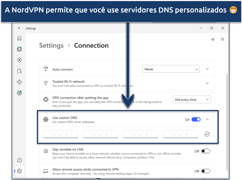 Screenshot showing how to change DNS server address on the NordVPN Windows app