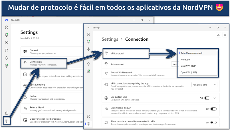 Screenshot showing how to switch between different protocols on the NordVPN app