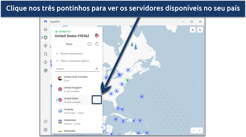 Screenshot showing how to find different servers on the NordVPN app