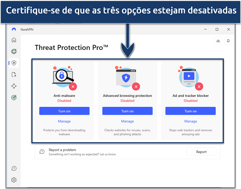 Screenshot showing how to turn off Threat Protection Pro on the NordVPN Windows app