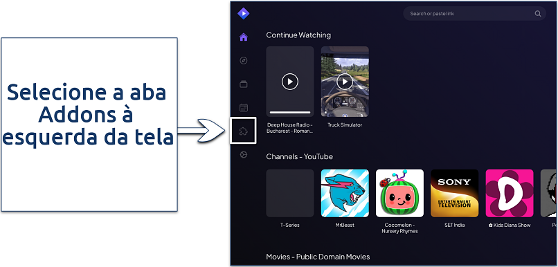 A screenshot showing how to access Stremio's addon management menu