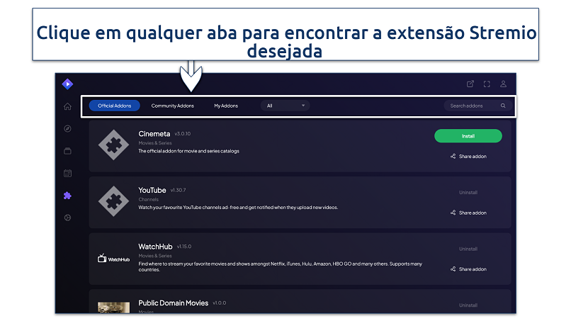 A screenshot showing how to find Stremio addons