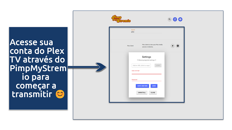 A screenshot showing how to use Plex TV via PimpMyStremio