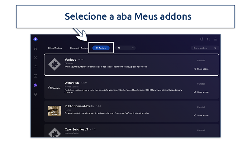A screenshot showing how to find the My Addons tab in Stremio