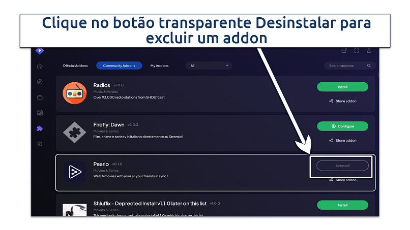 A screenshot showing how to delete Stremio addons