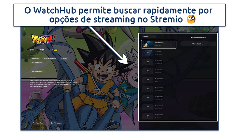 A screenshot showing WatchHub addon showing streaming links to a popular show