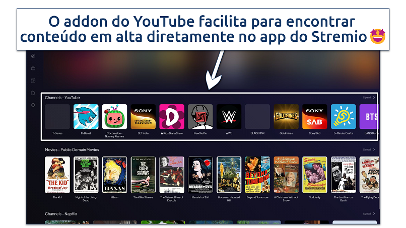 A screenshot showing YouTube channel icons in the Stremio interface