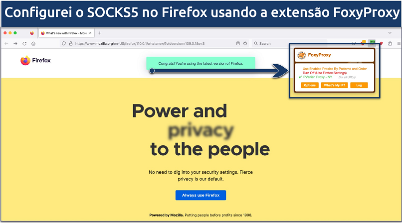 Screenshot of IPVanish SOCKS5 proxy set up in Firefox