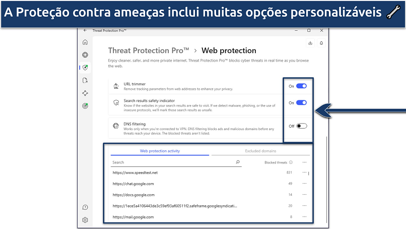 Screenshot of NordVPN's Windows app showing the Threat Protection and Web Protection settings