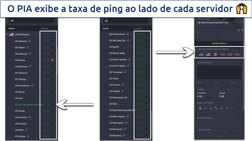 Screenshot of PIA's desktop app showing server list and Quick Settings