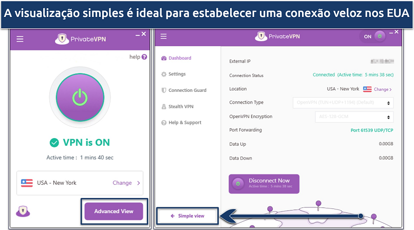 Screenshot of PrivateVPN Windows app showing the Simple and Advanced view