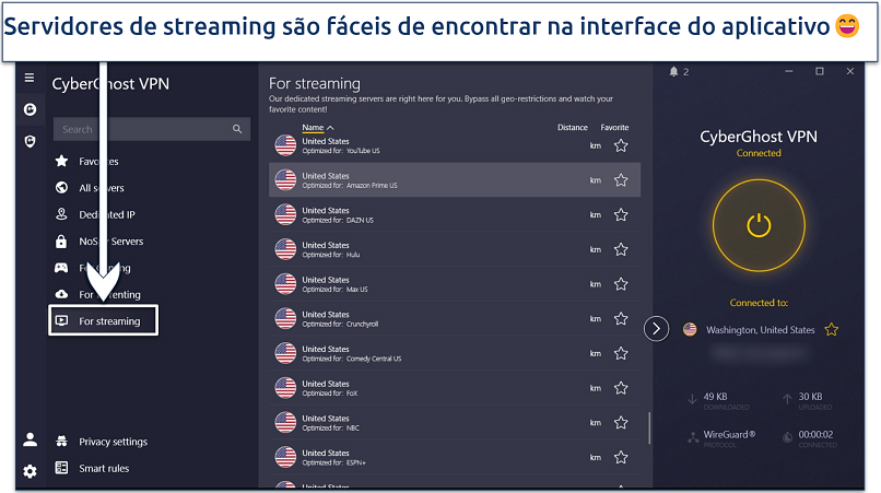 Screenshot displaying CyberGhost's Windows app with streaming servers highlighted