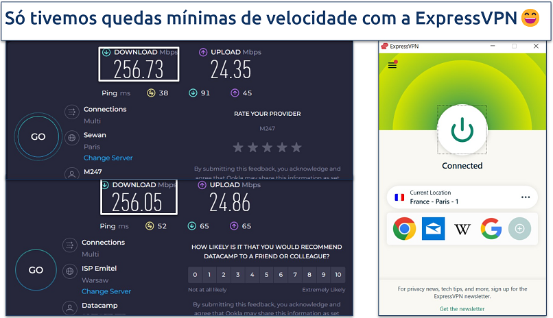 Screenshot showing speeds of ExpressVPN on Paris and Poland servers