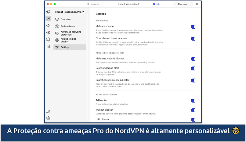 Screenshot showing the settings for NordVPN's Threat Protection Pro