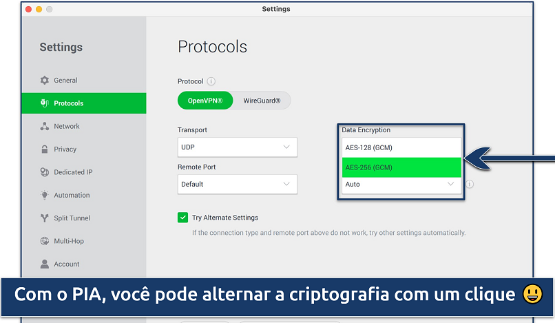 Screenshot showing the Protocols panel in PIA's Settings