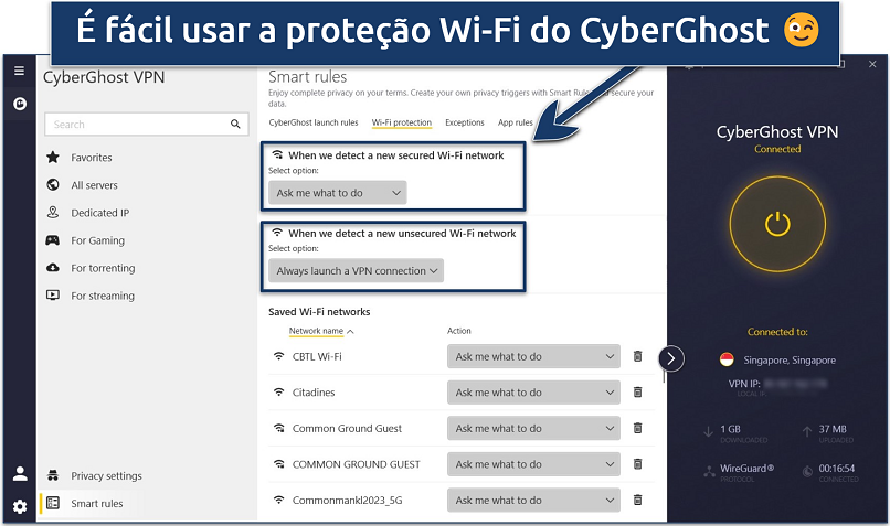 Screenshot of the CyberGhost windows app with its WiFi Protection settings