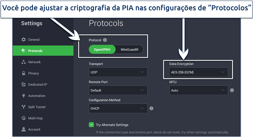 Screenshot showing protocol settings of PIA on Windows app interface