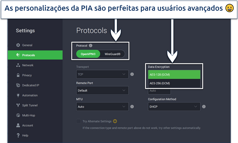 Screenshot showing how to customize your VPN connection with PIA