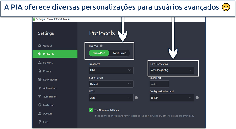 Screenshot of PIA's Windows app showing customizable security features