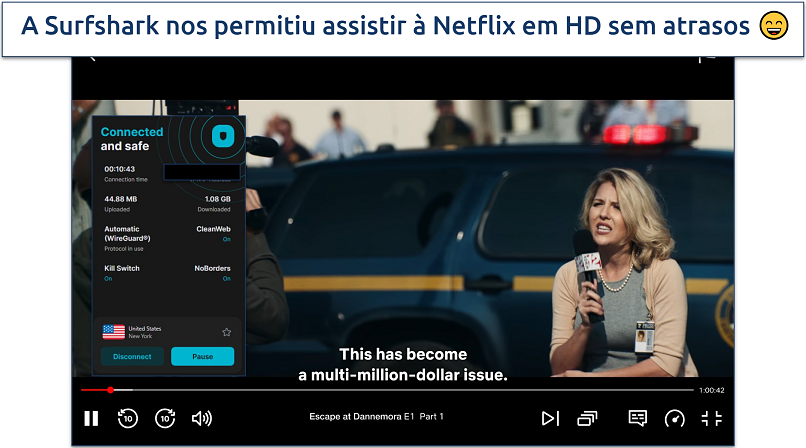 Screenshot showing Surfshark streaming Netflix US with its NYC server