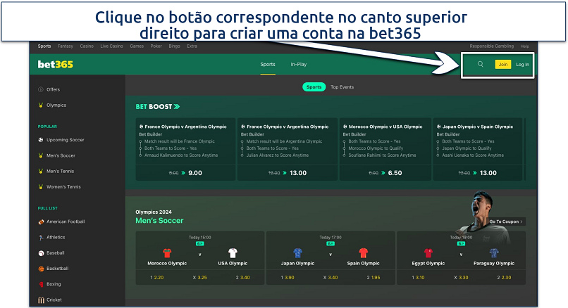 Screenshot of the bet365 platform home page