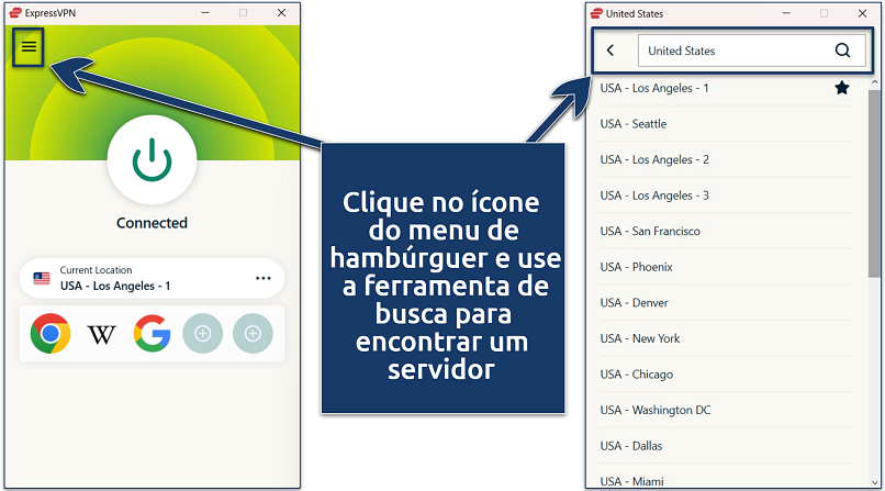 Captura de tela do aplicativo ExpressVPN para Windows com a lista de servidores dos EUA e a conexão ao servidor 'US - Los Angeles - 1'