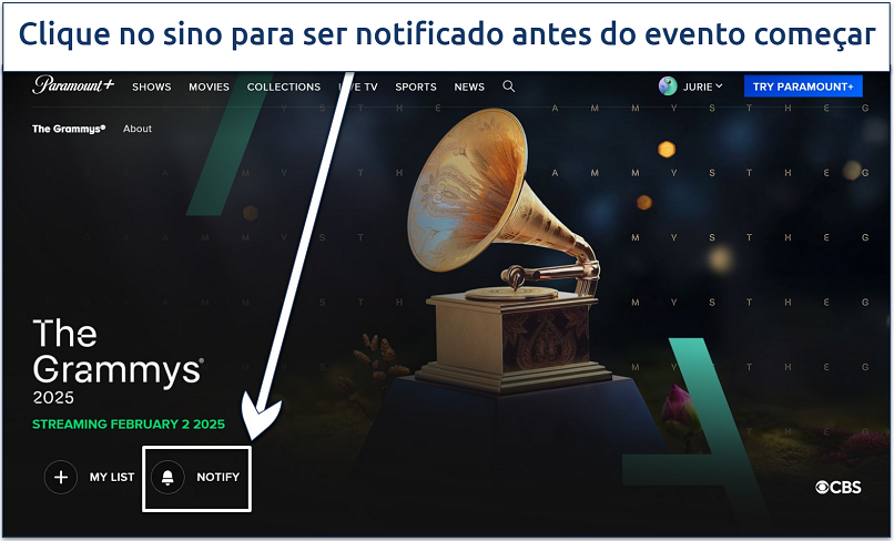 Captura de tela da página 'The Grammys 2025' do Paramount com o botão 'Notifique-me' destacado