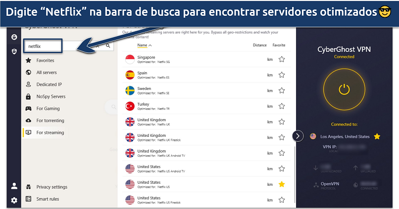Interface do CyberGhost no Windows mostrando todos os servidores otimizados para Netflix
