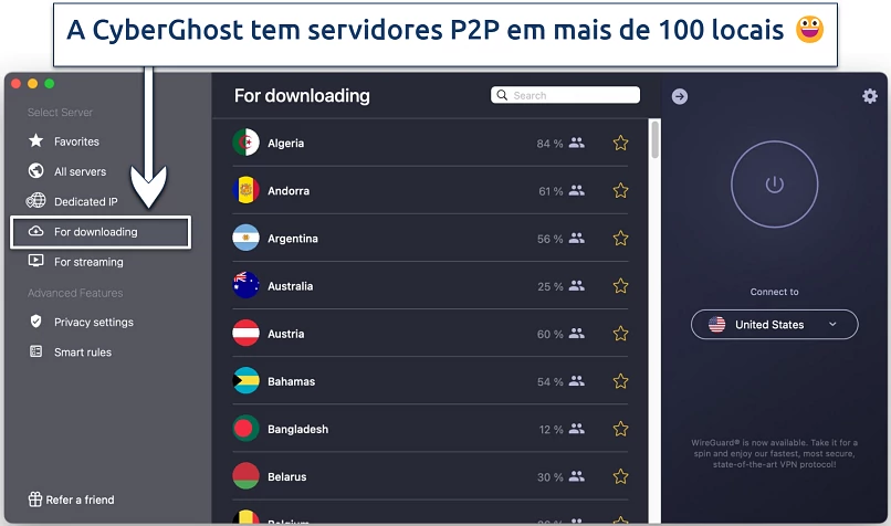 Screenshot showing CyberGhost's specialty P2P For downloading servers