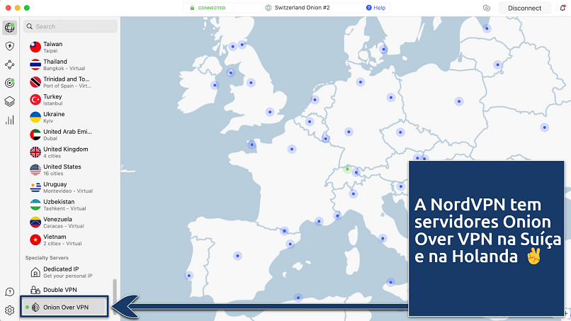 Screenshot showing NordVPN's Onion Over VPN servers