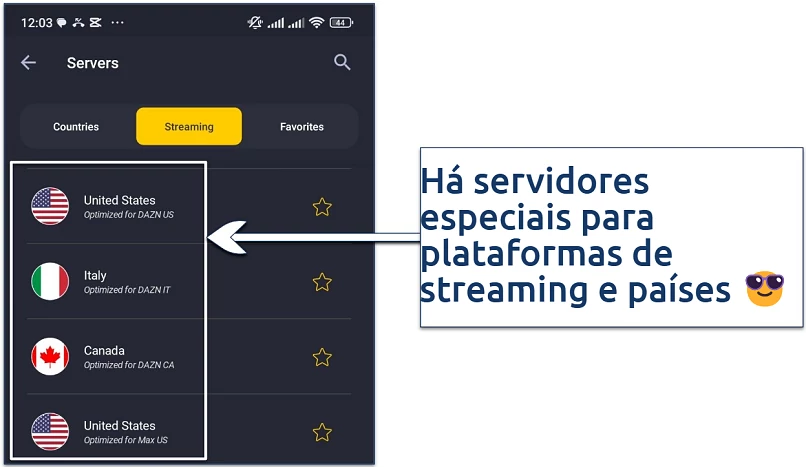 Screenshot showing the streaming-optimized servers available on CyberGhost's Android app
