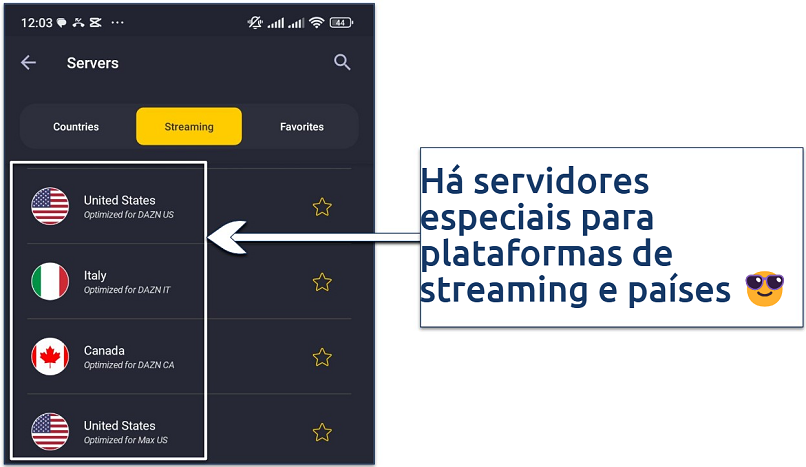 Screenshot showing the streaming-optimized servers available on CyberGhost's Android app