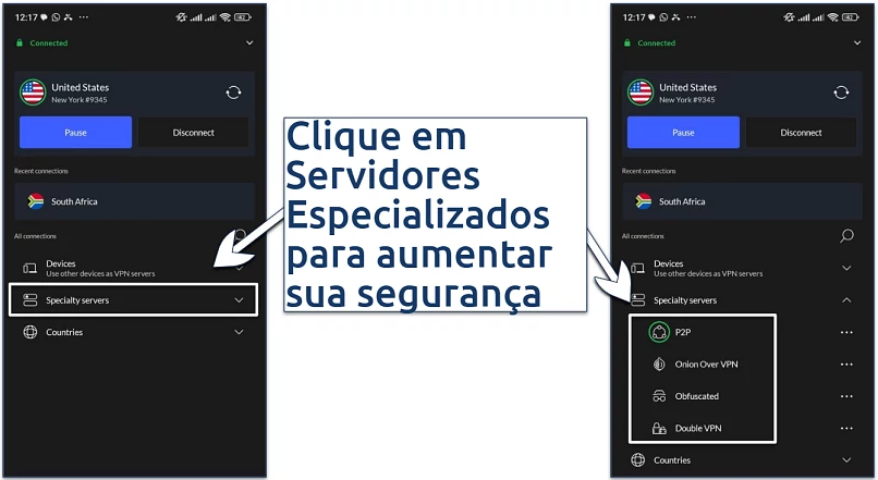 Screenshot showing the specialty servers on NordVPN's Android app