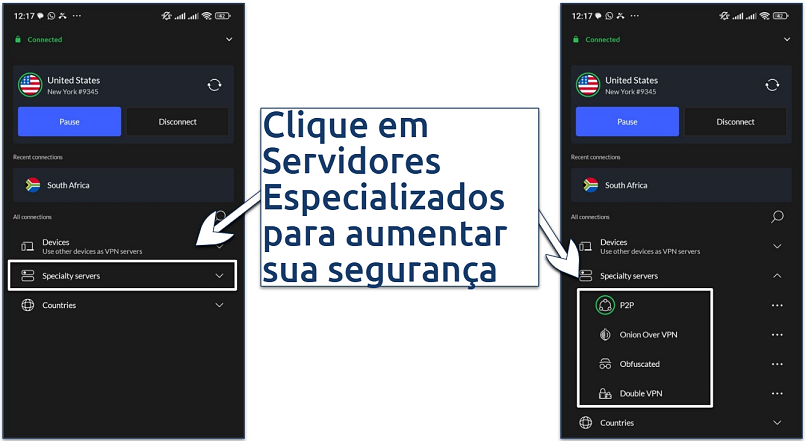 Screenshot showing the specialty servers on NordVPN's Android app