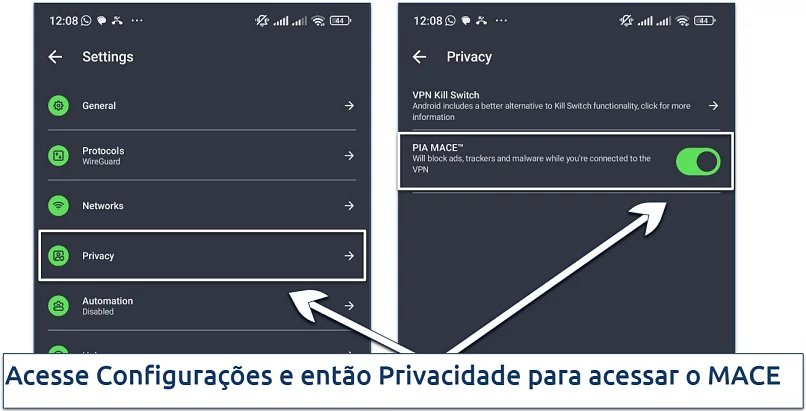 Screenshot showing the MACE ad blocker on PIA's Android app
