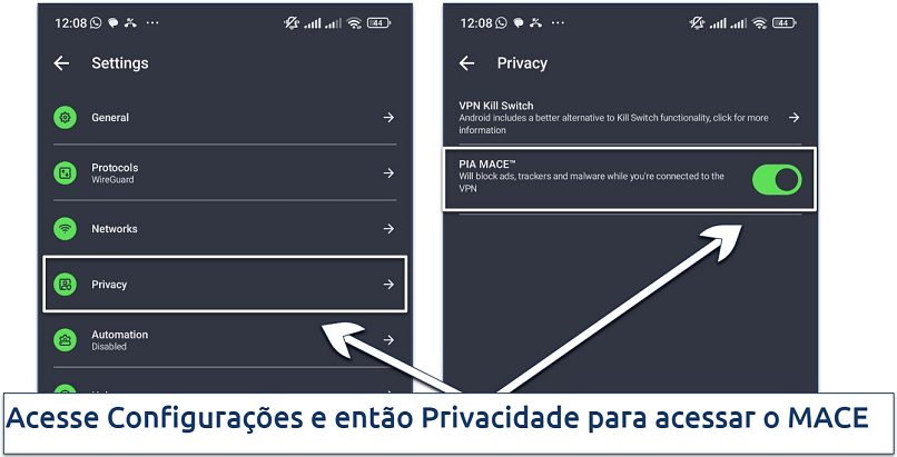 Screenshot showing the MACE ad blocker on PIA's Android app