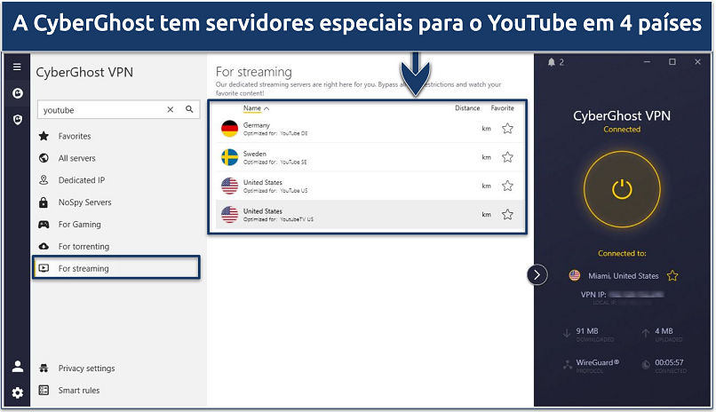 Captura de tela da interface da CyberGhost mostrando seus servidores otimizados para o YouTube