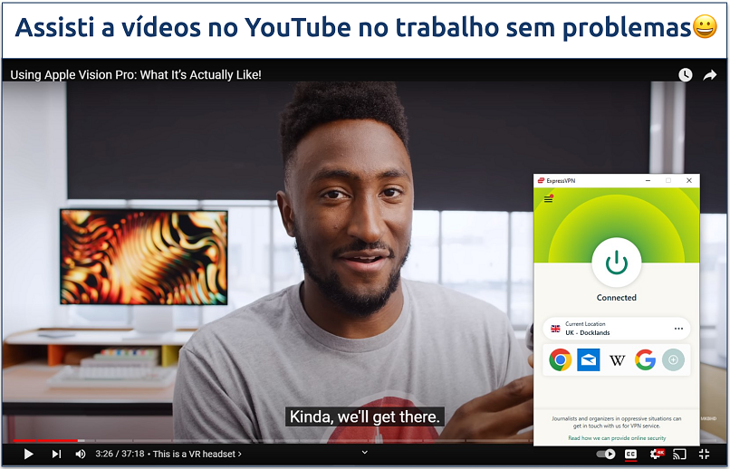 Captura de tela mostrando um vídeo sendo reproduzido no YouTube TV com a ExpressVPN conectada ao servidor UK Docklands