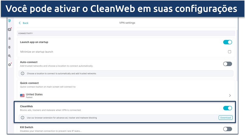 A screenshot of Surfshark's settings showing the CleanWeb ad blocker enabled