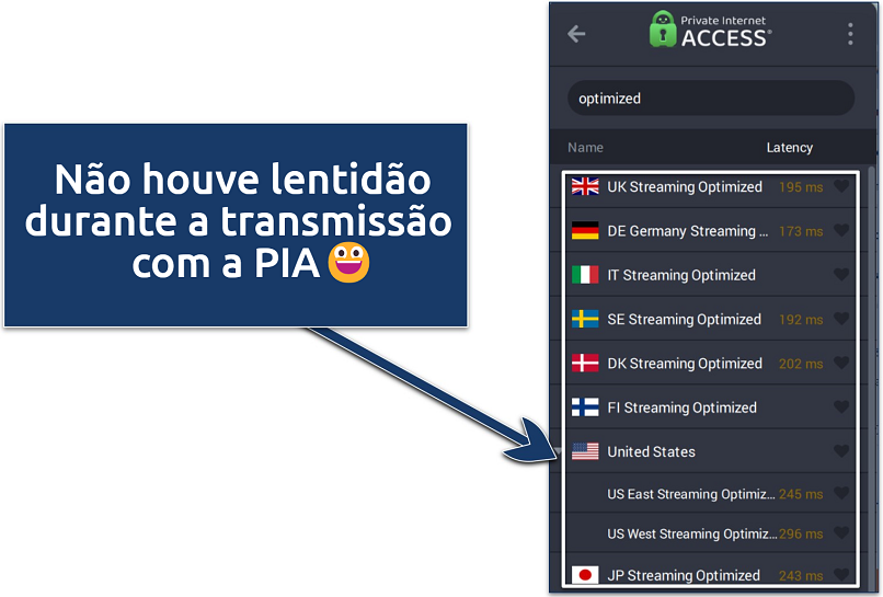 Screenshots of PIA's server list showing the servers optimized for streaming