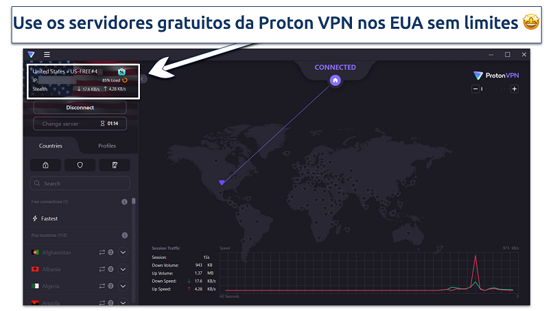 Screenshot showing free Proton VPN's usa servers