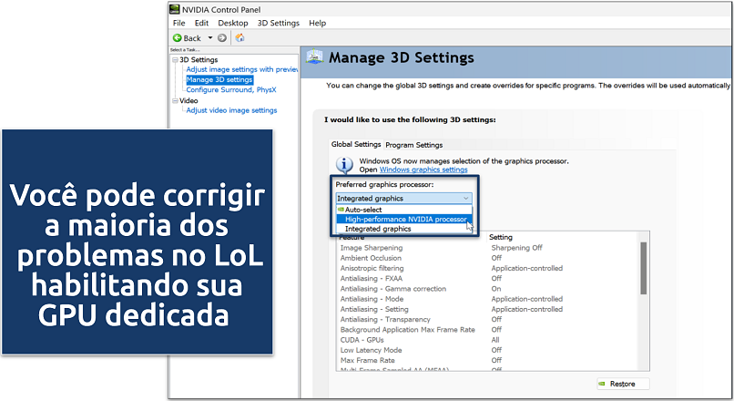 Captura de tela habilitando GPU dedicada para corrigir lags no LoL