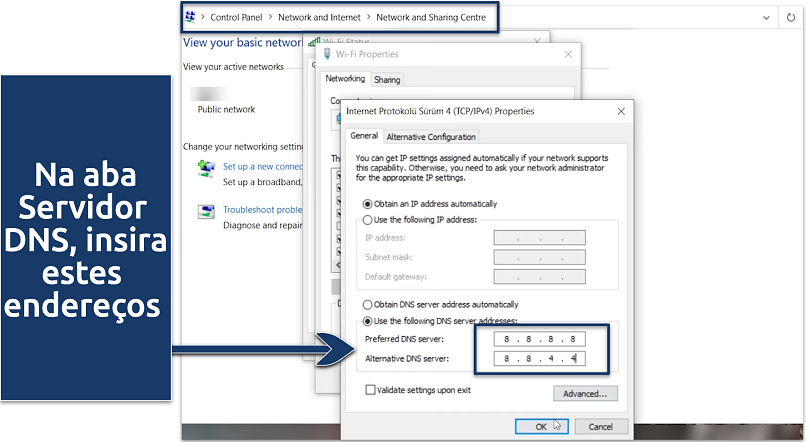 Screenshot das configurações de DNS para como tirar o lag do LoL
